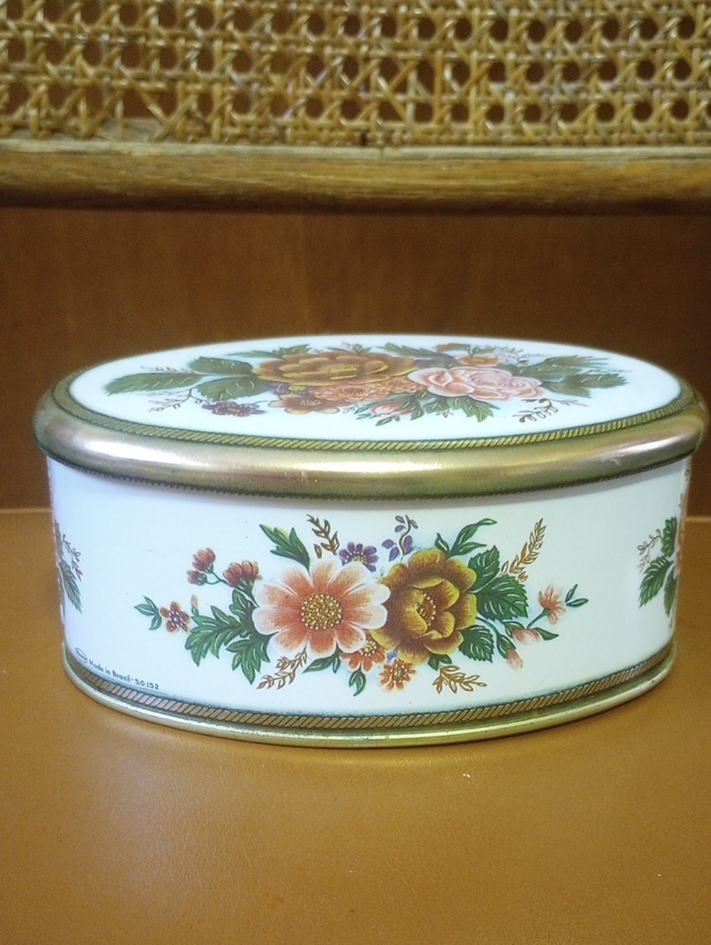 Meister Vintage Oval Metal Trinket Box & Lid, Floral Design, Made in Brazil